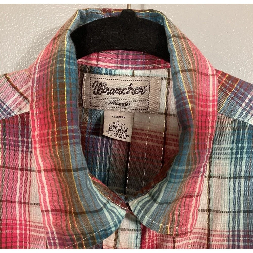 WRANGLER Wrancher Women's Button Up Blouse Plaid Sz L Pink Aqua Gold Western